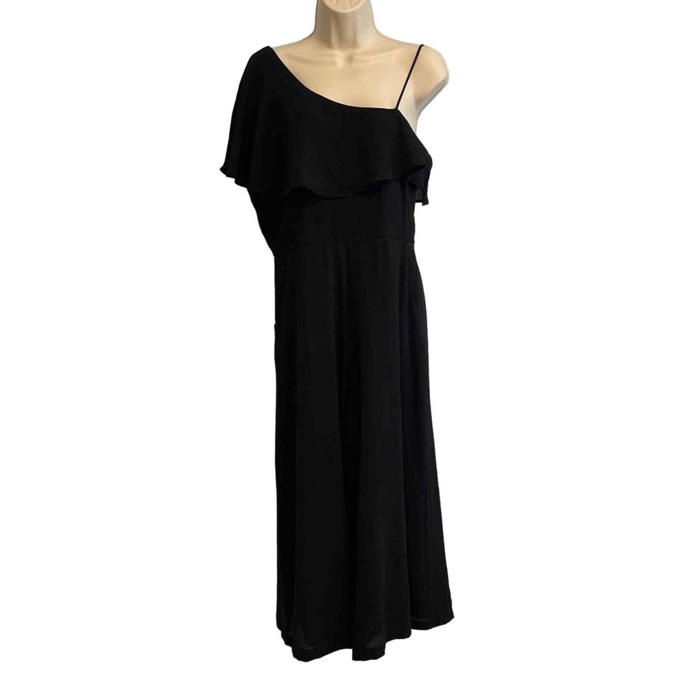 GB‎ Gianni Bini Black One Shoulder Ruffle Wide Leg Jumpsuit Womens Large Pocket